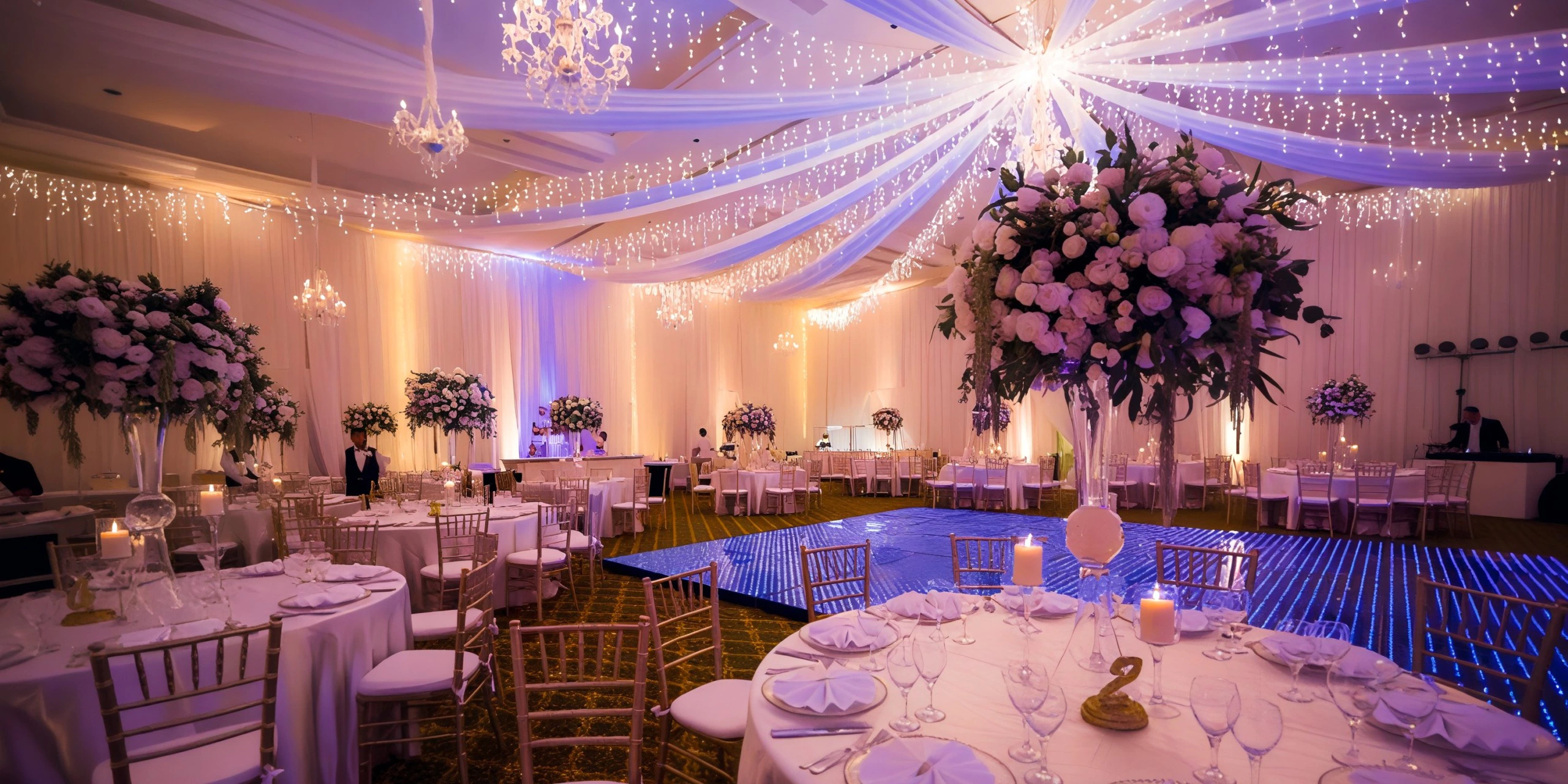 Elegant ballroom wedding reception setup at Dreams Tulum Resort & Spa