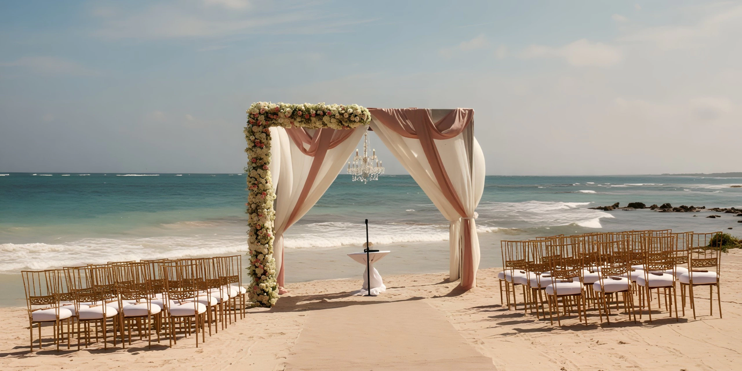 Beach wedding ceremony setup on the white sands of Dreams Tulum Resort & Spa