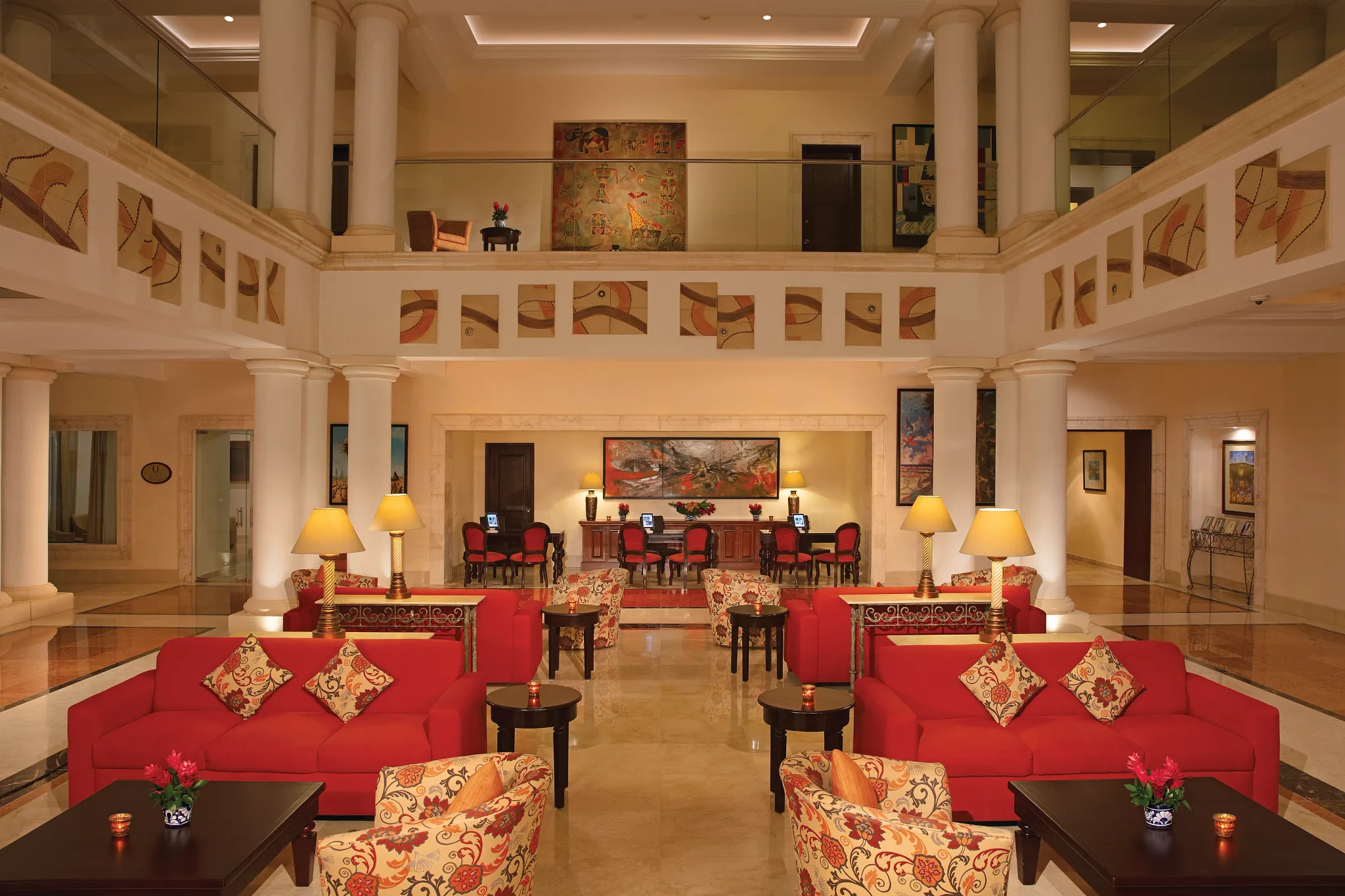 Grand resort lobby featuring elegant décor and spacious seating at Dreams Tulum Resort & Spa.