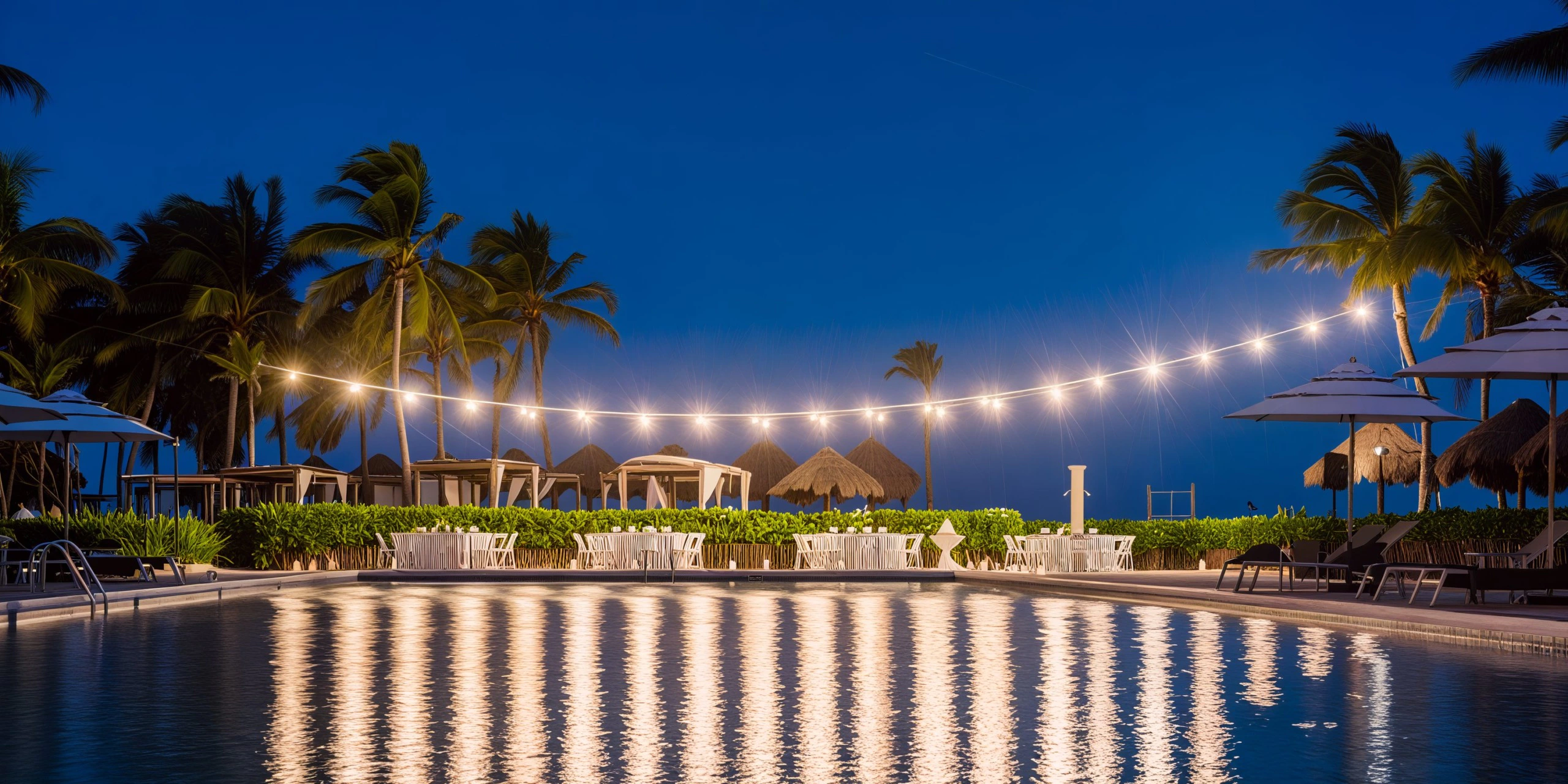 Rectangular Pool Terrace Max wedding reception venue with poolside elegance at Dreams Tulum Resort & Spa